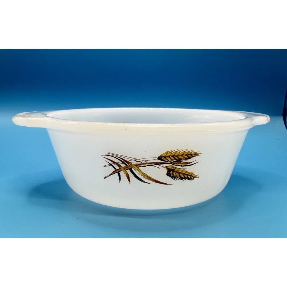 Vintage Fire-King 1 Pint Milk Glass Casserole Dish Golden Wheat USA Handles